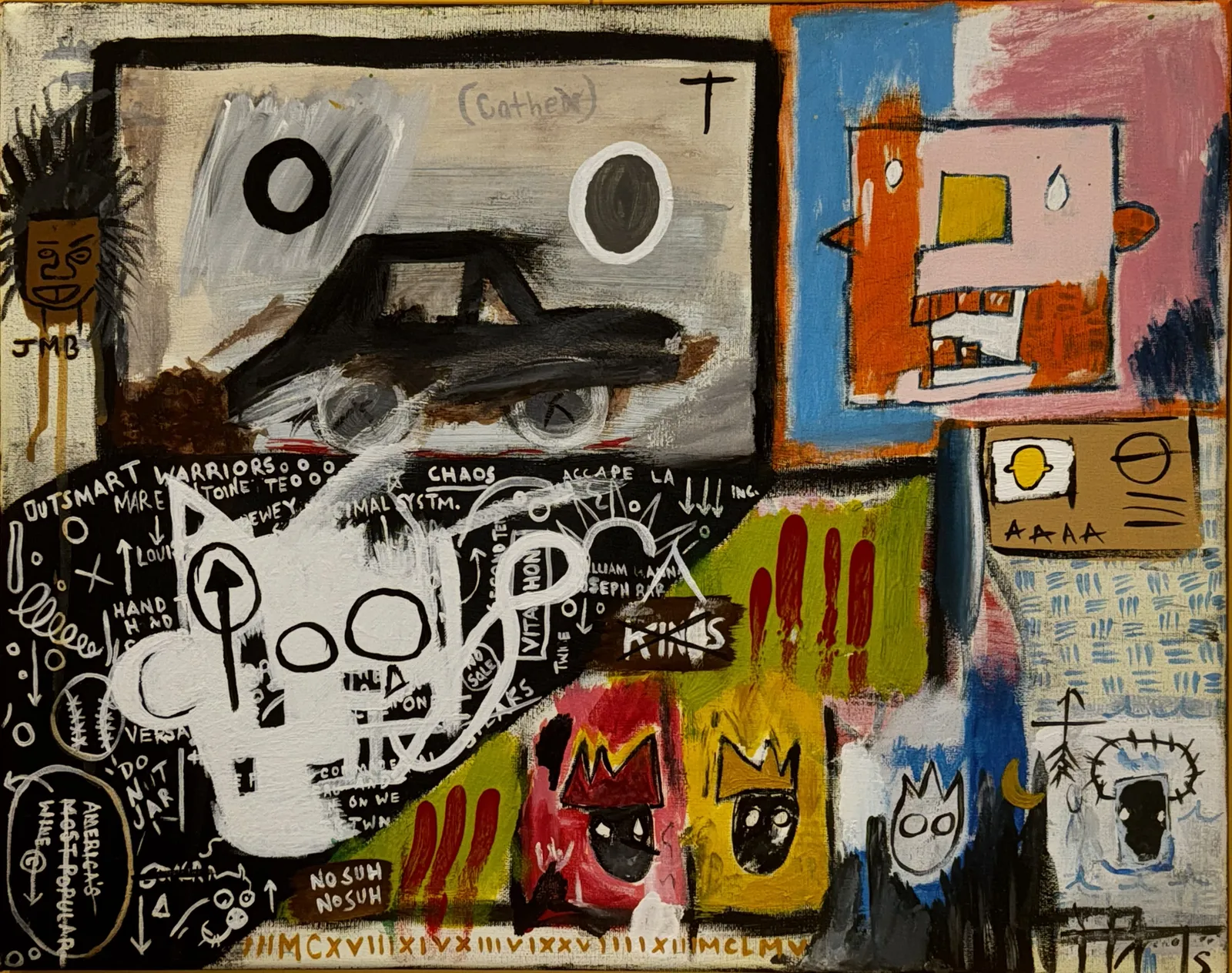 Mind of JMB, a layered expressive painting with collage-like figures, text, and bold color