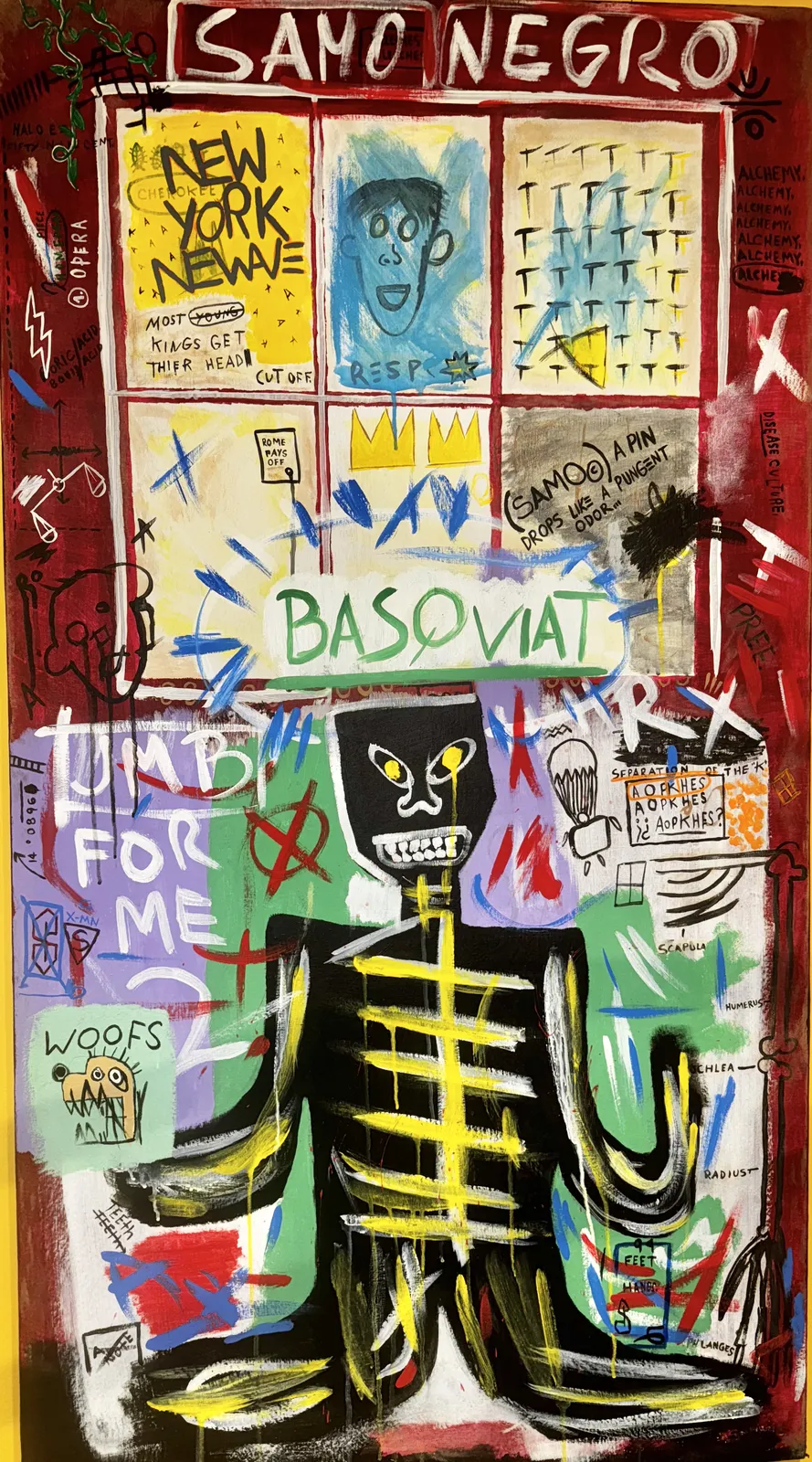 Red Door, a tall mixed-media painting with a skeletal figure, crowns, and handwritten text