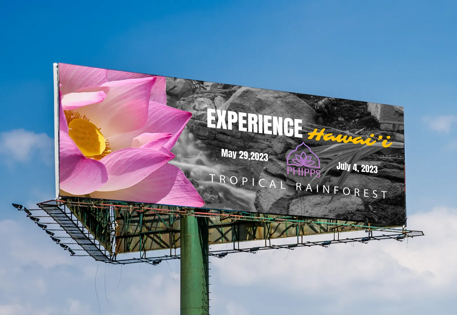 Experience Hawaii outdoor billboard designed by Taylor Harvey, featuring a pink lotus flower