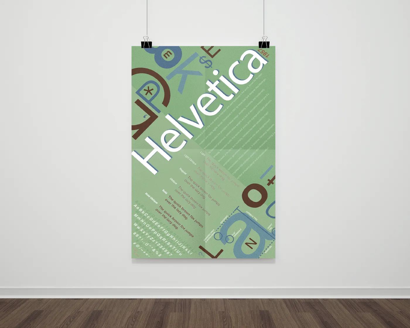 Green Helvetica Extended type family poster hanging on a wall