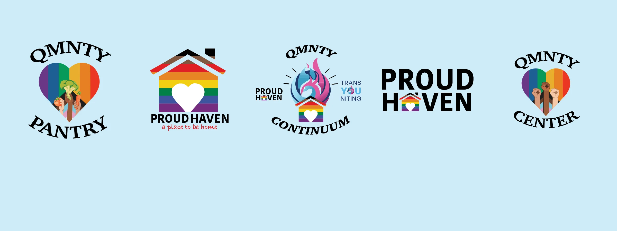 QMNTY Continuum logo family: Continuum, Pantry, Center, Proud Haven and heart mark on light blue