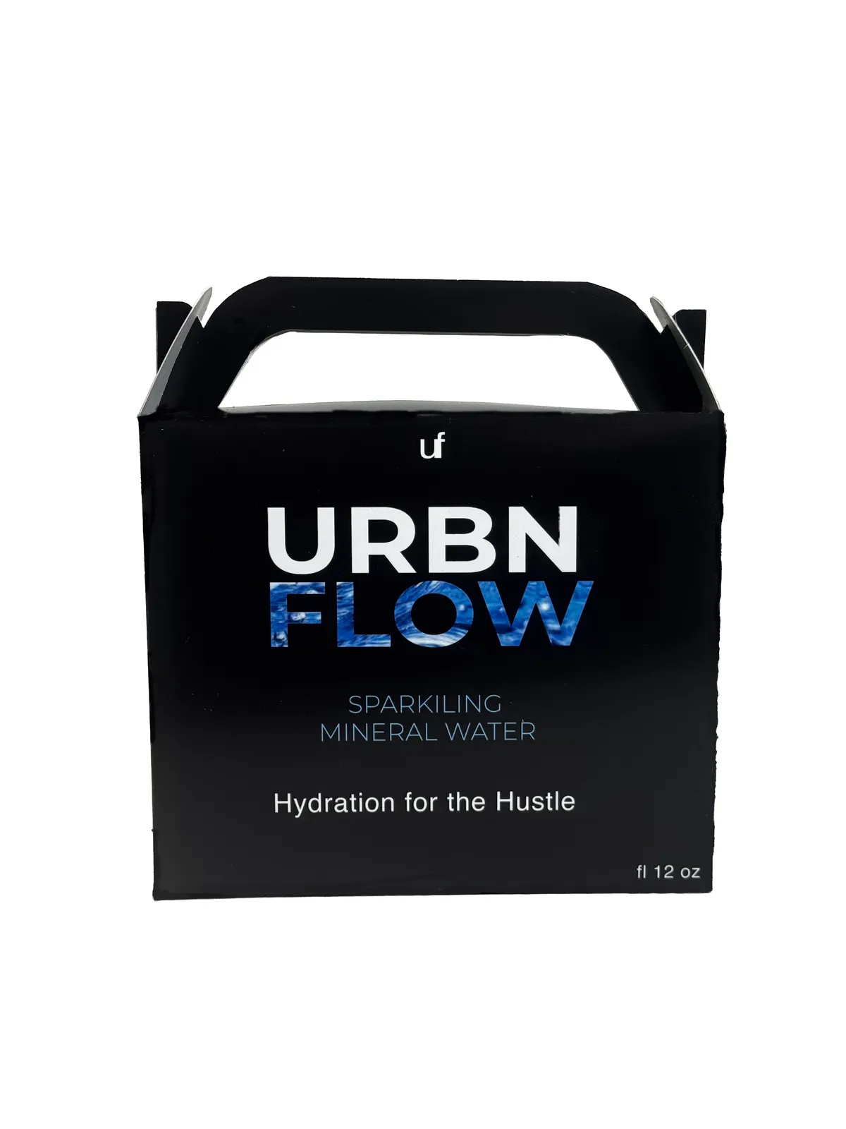 URBN FLOW sparkling mineral water carrier box in black with blue type